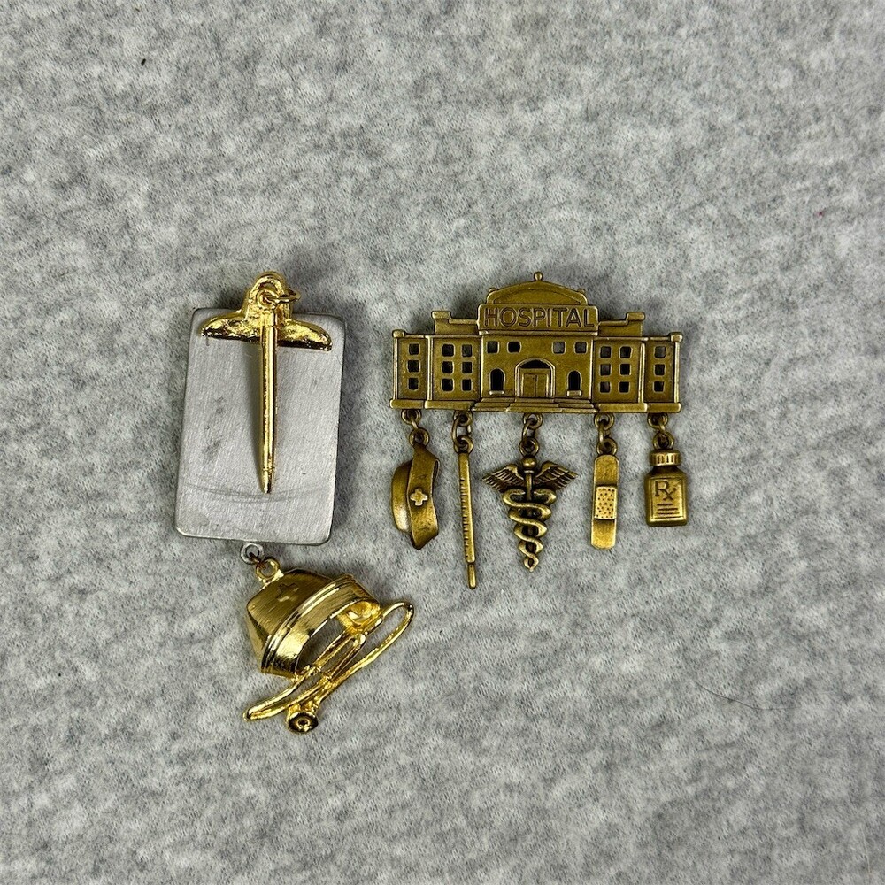 Vintage Set of 2 Nurse Hospital Charm Dangle Brooch Pin Gold Silver Toned